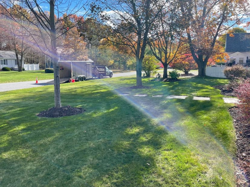 well-maintained front yard with trees, autumn foliage, and a parked trailer on the street
